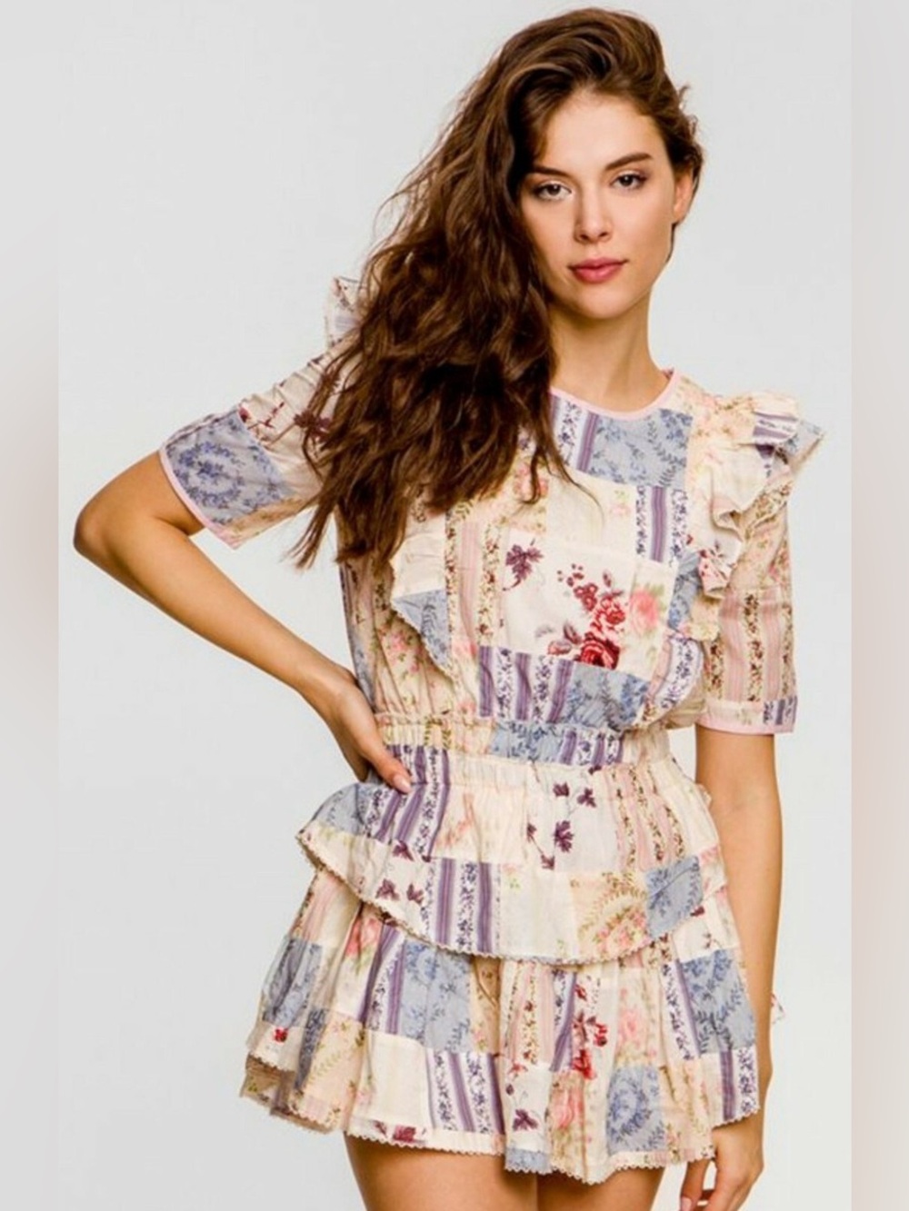 Loveshackfancy Pink and Floral Cotton Patchwork Natasha Ruffle Mini Dress